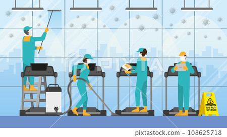 Cleaning crew team in fitness center. Clean and check inspector professional service Cleaning crew team in fitness center. Clean and check inspector professional service 108625718