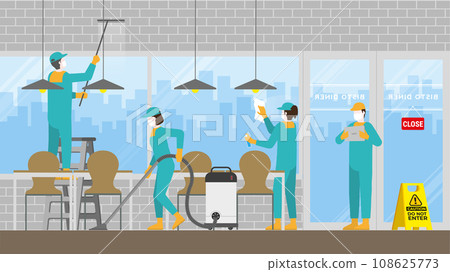 Cleaning crew team washing in closed bistro cafe restaurant. Cleaning crew team washing in closed bistro cafe restaurant. 108625773