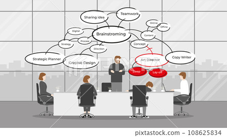 Angry boss and manager standing near exhausted employee. Thinking to lay off him 108625834