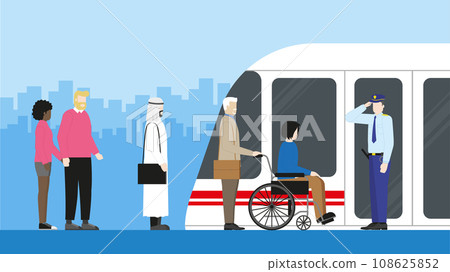 Security office greeting by salute. Diversity people standing at train station. Security office greeting by salute. Diversity people standing at train station. 108625852