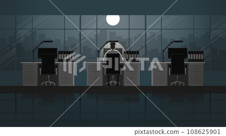 Employee man working on desktop computer in office workplace. Alone in the dark 108625901