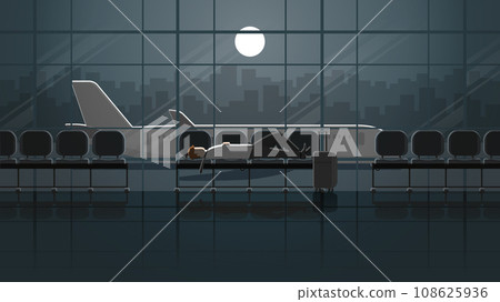 Tired office man lay down sleep on seat in international airport terminal at night Tired office man lay down sleep on seat in international airport terminal at night 108625936