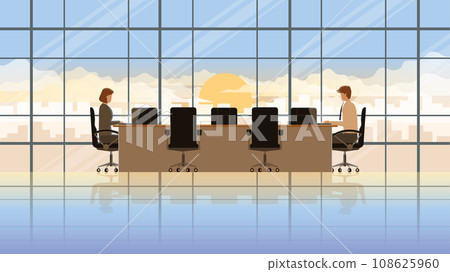 Employee working overnight. Man and woman use laptop in workplace meeting conference room 108625960