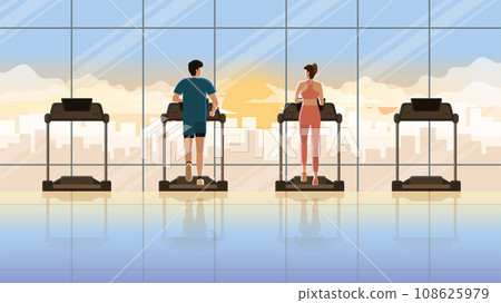 Love at first sight between man and woman running on treadmill at fitness center Love at first sight between man and woman running on treadmill at fitness center 108625979