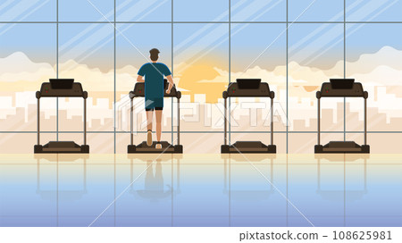 Back view of alone man running on treadmill in empty fitness center 108625981