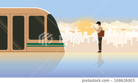 Alone office man first jobber use smartphone waiting in public transportation station Alone office man first jobber use smartphone waiting in public transportation station 108626003