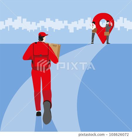 delivery man from express service company carry parcel box and run on pathway direction delivery man from express service company carry parcel box and run on pathway direction 108626072