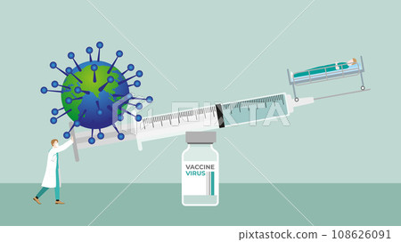 Medical case concept. Doctor keeping balance of syringe on vaccine bottle Medical case concept. Doctor keeping balance of syringe on vaccine bottle 108626091