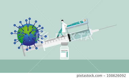 Doctor keeping balance of syringe on vaccine bottle for virus and infected patient 108626092