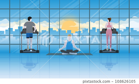 Mind and body exercise. Meditation man sitting cross-legged on yoga mat in fitness center Mind and body exercise. Meditation man sitting cross-legged on yoga mat in fitness center 108626105