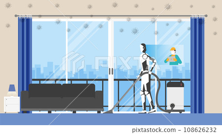 Artificial intelligence mechanism uses automatic vacuum cleaner in house living room. 108626232