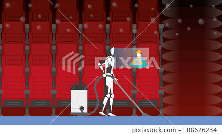 Artificial intelligence mechanism uses automatic vacuum cleaner in movie cinema theater Artificial intelligence mechanism uses automatic vacuum cleaner in movie cinema theater 108626234