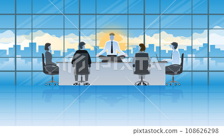Meditation peaceful mind businessman sitting cross-legged on a table in an office conference room Meditation peaceful mind businessman sitting cross-legged on a table in an office conference room 108626298