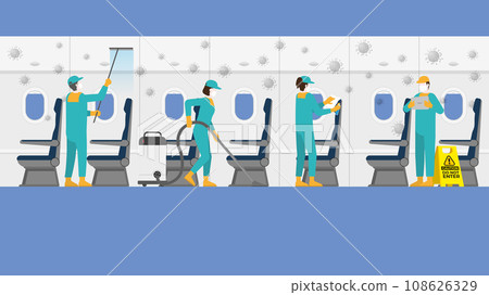 Professional team cleans interior of aircraft's cabin Professional team cleans interior of aircraft's cabin 108626329