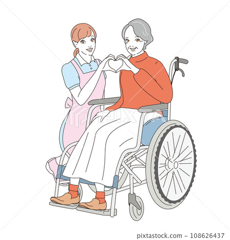 優雅的高級女性和護理人員微笑著坐在輪椅上 優雅的高級女性和護理人員微笑著坐在輪椅上 108626437
