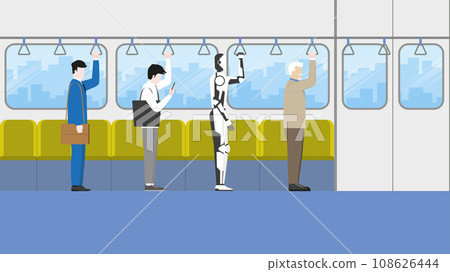 Office worker and businessman standing with a robot inside city train cabin Office worker and businessman standing with a robot inside city train cabin 108626444