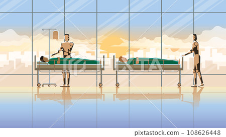 Medical robot check up and transport sick patient on bed in a hospital and at the early morning 108626448
