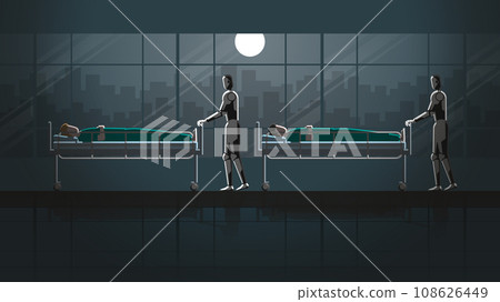 Medical robots transport and convey beds of sick patients in a hospital at the night 108626449