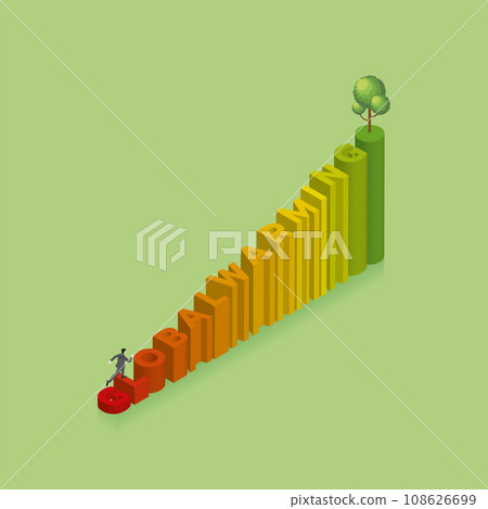 Eco friendly. A man runs and steps up a text word GLOBAL WARMING with color gradation and a tree on top of stairs. 108626699
