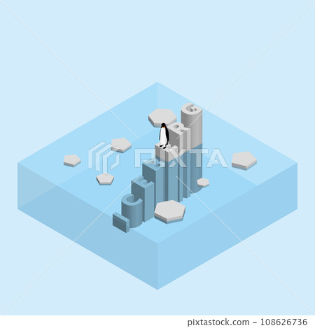 enguin on text wording iceberg. Global warming and ice melting concept of sea level rise, world flood, climate change, greenhouse effect 108626736