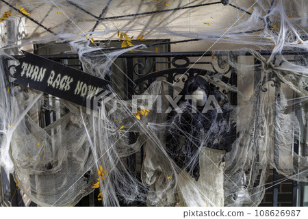 Halloween decorations on a front of the building in Manhattan NYC 108626987