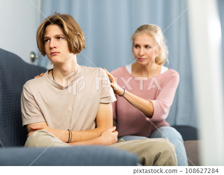 Upset and offended teenager sitting on sofa while mother soothing him Upset and offended teenager sitting on sofa while mother soothing him 108627284