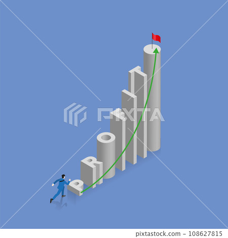 Businessman runs and steps up a very high stair, a staircase is text word PROFIT Businessman runs and steps up a very high stair, a staircase is text word PROFIT 108627815