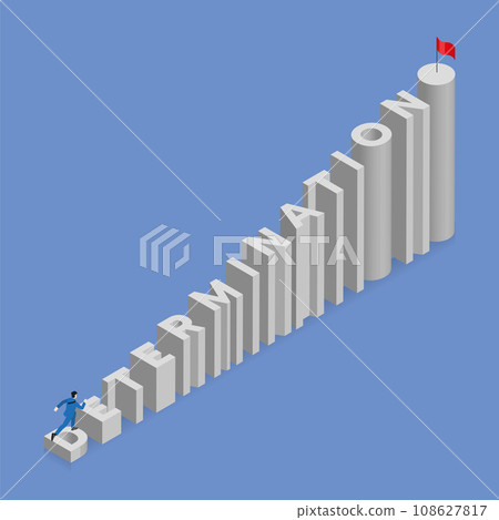 Businessman runs and steps up a stair, a staircase is text word DETERMINATION 108627817