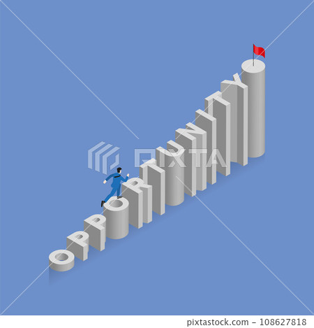 Businessman runs and steps up a stair, a staircase is text word OPPORTUNITY 108627818