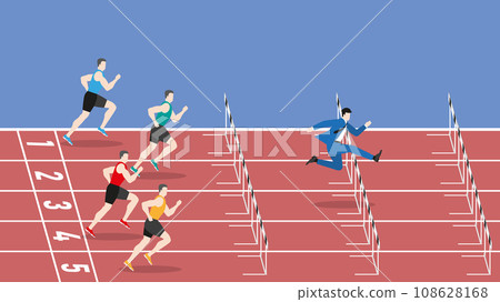 The fastest runner is jumping overcome obstacle by running faster and better start on race track. 108628168