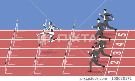 Sports technology concept. The faster robot leader jumping overcomes obstacles by running faster. Sports technology concept. The faster robot leader jumping overcomes obstacles by running faster. 108628171