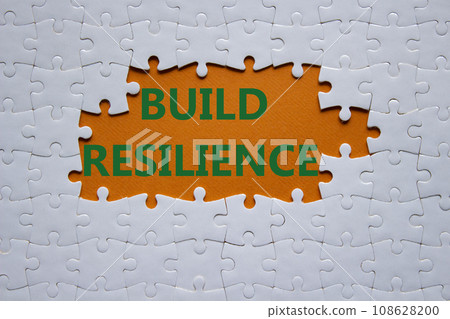 Build resilience symbol. White puzzle with words Build resilience. Beautiful orange background. Business and Build resilience concept. Copy space. Build resilience symbol. White puzzle with words Build resilience. Beautiful orange background. Business and Build resilience concept. Copy space. 108628200