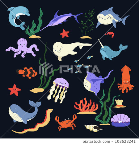 Underwater sea world characters, fauna and flora 108628241