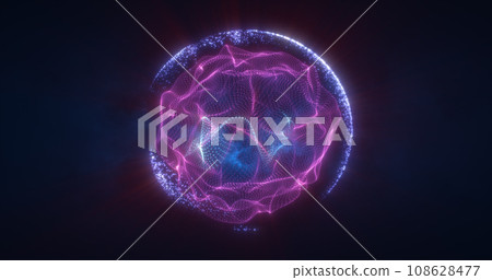 Abstract purple energy sphere from particles and waves of magical glowing on a dark background Abstract purple energy sphere from particles and waves of magical glowing on a dark background 108628477