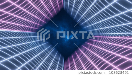 Abstract purple blue energy grid swirling tunnel of lines in the top and bottom of the screen magical bright glowing futuristic hi-tech background Abstract purple blue energy grid swirling tunnel of lines in the top and bottom of the screen magical bright glowing futuristic hi-tech background 108628491