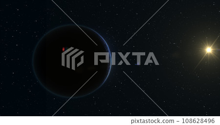 Abstract realistic space spinning planet round sphere with a blue water surface in space against the background of stars 108628496