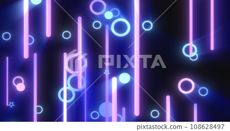 Blue purple glowing geometric abstract background pattern of flying lines and circles Blue purple glowing geometric abstract background pattern of flying lines and circles 108628497