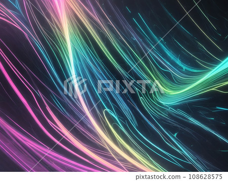 Abstract futuristic background and texture with gold,light pink,blue,green neon wave lines. Data transfer concept. Fantastic wallpaper. 108628575