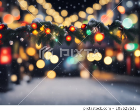 Blurred street of festive night or evening city with snowfall and Christmas lights. Blur Abstract christmas background 108628635