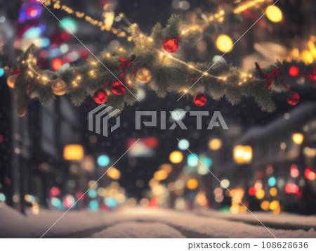 Blurred street of festive night or evening city with snowfall and Christmas lights. Blur Abstract christmas background 108628636