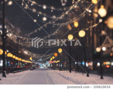 Blurred street of festive night or evening city with snowfall and Christmas lights. Blur Abstract christmas background 108628638