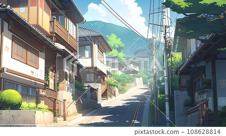 AI-generated anime-style illustration of a Japanese suburban town 108628814