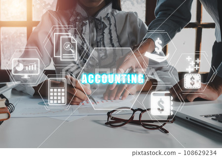 Accounting concept, Business team analyzing income charts and graphs with accounting icon on virtual screen, investing in stock markets, funds and digital assets. 108629234
