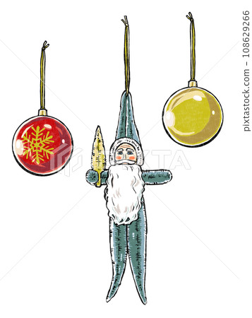 A blue-green mall Santa facing slightly to the side and a red and gold Christmas ball ornament, print style 108629266