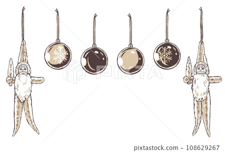 Two mall Santas facing the front and slightly to the side and four types of Christmas ball ornaments, brush-painted and painted in two colors Two mall Santas facing the front and slightly to the side and four types of Christmas ball ornaments, brush-painted and painted in two colors 108629267