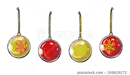 4 Christmas ball ornaments in solid color and snow pattern red and gold metallic paint print style 108629272