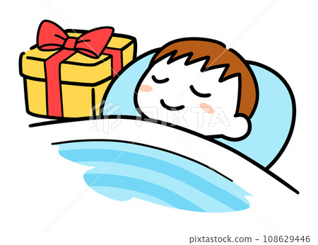 Christmas present placed on sleeping boy's bedside 108629446