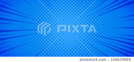 Bright blue radial dotted comic background. Speed lines wallpaper with pop art halftone texture. Anime cartoon rays explosion backdrop for poster, banner, print, magazine, cover. Vector illustration 108629869