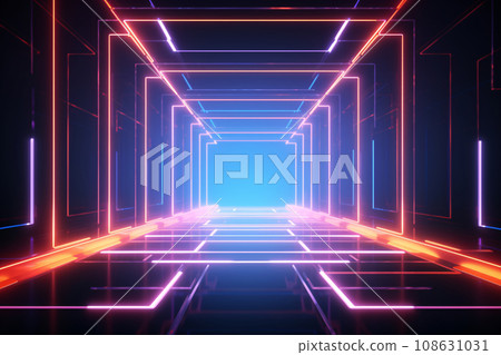 Abstract neon light geometric background. Glowing neon lines. Empty futuristic stage laser. Colorful rectangular laser lines. Square tunnel. Night club empty room. Laser show design. Generative AI. Abstract neon light geometric background. Glowing neon lines. Empty futuristic stage laser. Colorful rectangular laser lines. Square tunnel. Night club empty room. Laser show design. Generative AI. 108631031