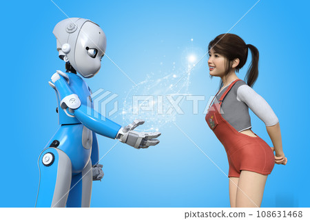 A girl looking at an intelligent humanoid robot equipped with AI functions A girl looking at an intelligent humanoid robot equipped with AI functions 108631468